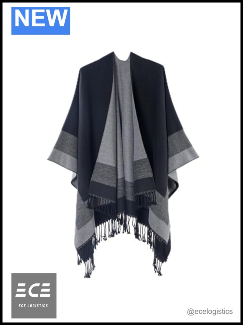 Jacquard Shawl Tassel Open Front Poncho Cape Warm Soft Fall Winter